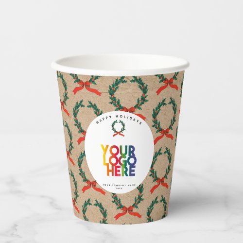 Christmas Business Logo Vintage Wreath Kraft  Paper Cups