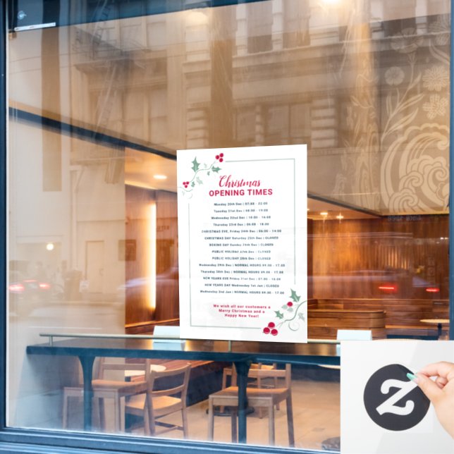 Christmas business opening times, green red holly window cling (Cafe Window)
