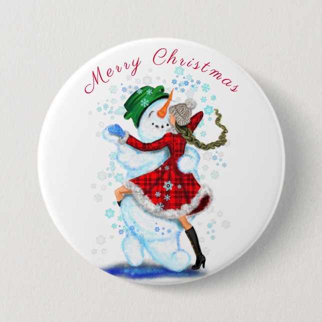 Christmas Button Gift Snowman and Girl Dance (Front)
