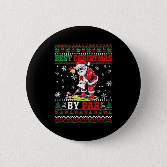 Christmas By Par Santa Sweater Playing Golf Golfer Button (Front)