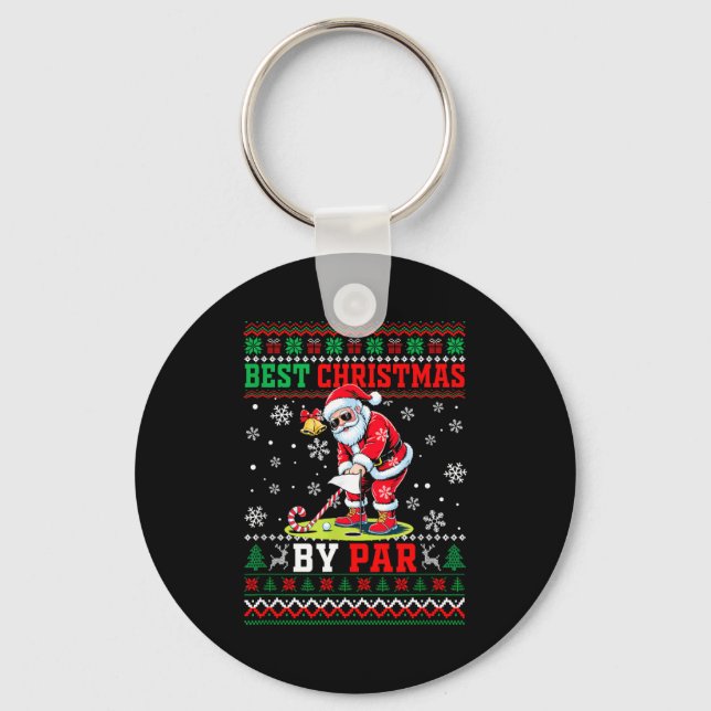 Christmas By Par Santa Sweater Playing Golf Golfer Keychain (Front)