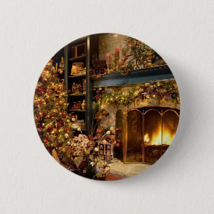 Christmas by the fireplace pinback button