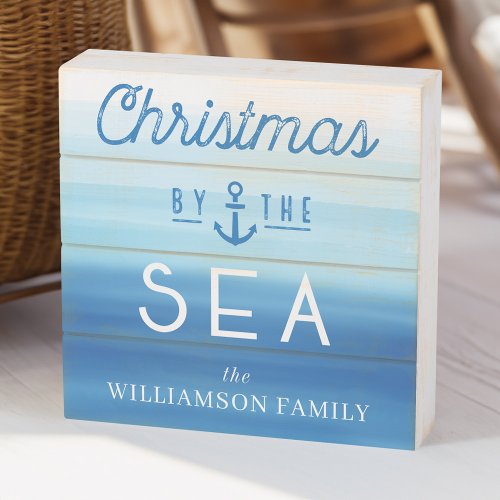 Christmas By The Sea Coast Blue Ombre Typographic Wooden Box Sign