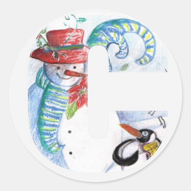 CHRISTMAS C LETTER ,PENGUIN'S SERENADE  MONOGRAM CLASSIC ROUND STICKER (Front)