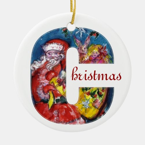 CHRISTMAS C LETTER   SANTA  WITH GIFTS MONOGRAM CERAMIC ORNAMENT