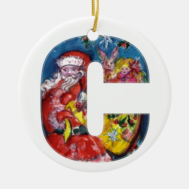 CHRISTMAS C LETTER  / SANTA  WITH GIFTS MONOGRAM CERAMIC ORNAMENT (Front)