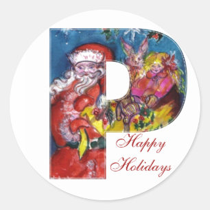 CHRISTMAS C LETTER / SANTA WITH GIFTS MONOGRAM CLASSIC ROUND STICKER