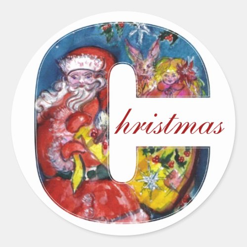 CHRISTMAS C LETTER   SANTA  WITH GIFTS MONOGRAM CLASSIC ROUND STICKER