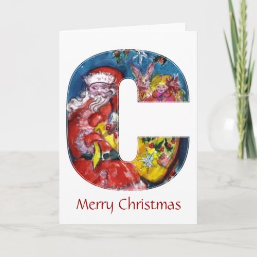 CHRISTMAS C LETTER   SANTA  WITH GIFTS MONOGRAM HOLIDAY CARD