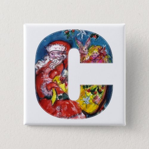 CHRISTMAS C LETTER   SANTA  WITH GIFTS MONOGRAM PINBACK BUTTON