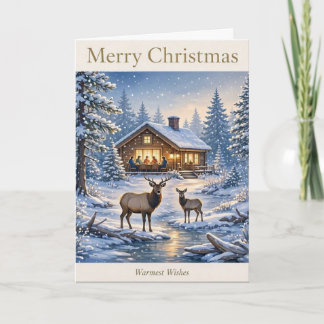 Christmas Cabin by the Creek • Elk & Deer Winter Card