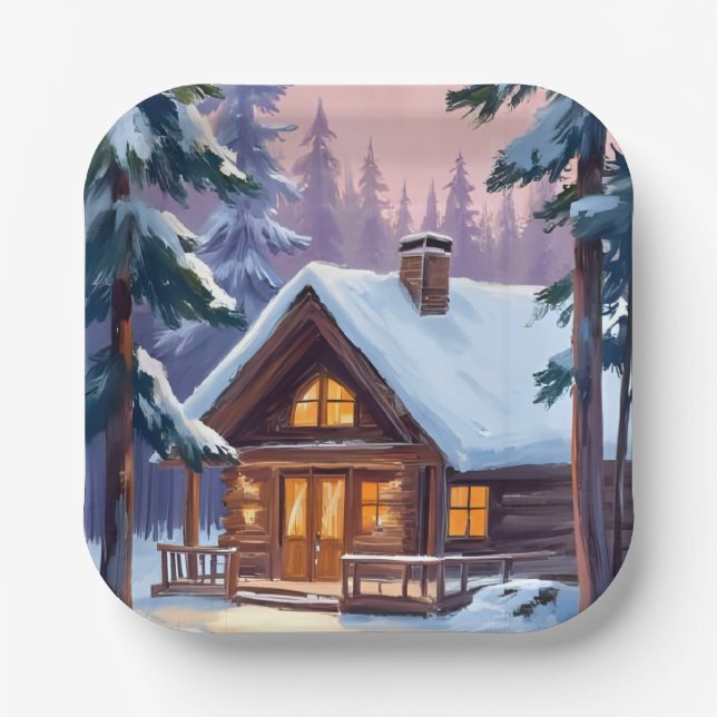 Christmas Cabin Forest Winter Snow Holiday Paper Plates (Front)