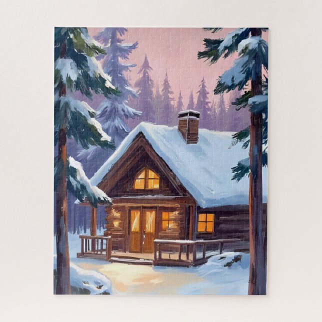 Christmas Cabin Forest Winter Snow Jigsaw Puzzle (Vertical)