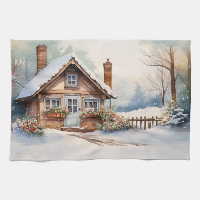 Christmas Cabin in snowy landscape Kitchen Towel (Horizontal)