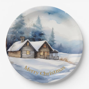 Christmas Cabin in snowy landscape Paper Plates
