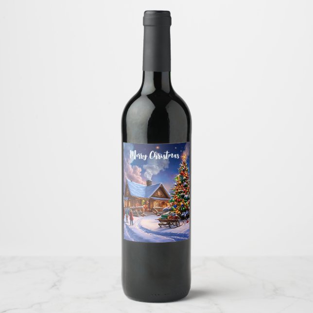  Christmas Cabin in the Forest Wine Label – Cozy  (Front)