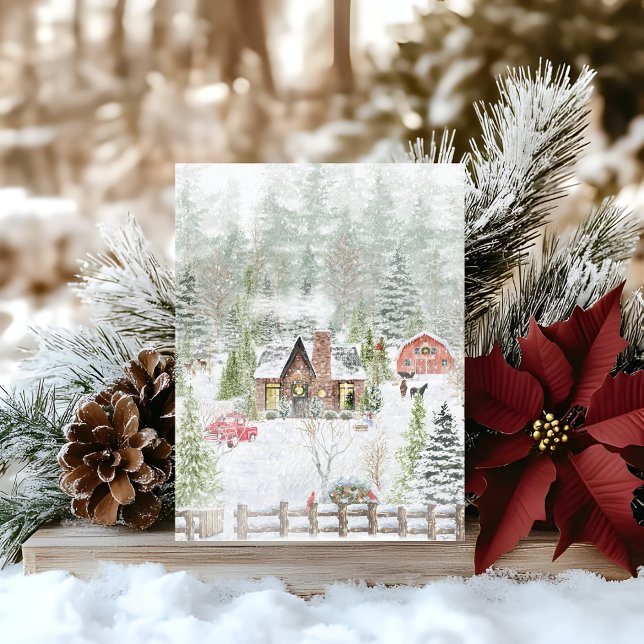 Christmas Cabin In The Woods Scene Holiday Card (Creator Uploaded)