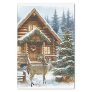 Christmas Cabin in Winter with Deer