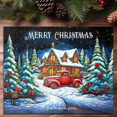 Christmas Cabin Snow Pine Forest Happy Holiday Art Jigsaw Puzzle
