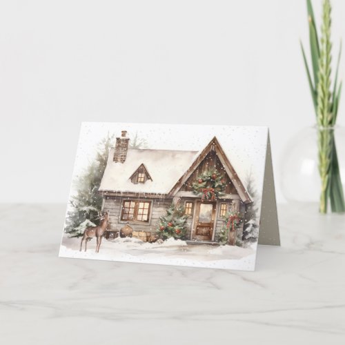 Christmas Cabin with Deer In Snowflakes Holiday Card