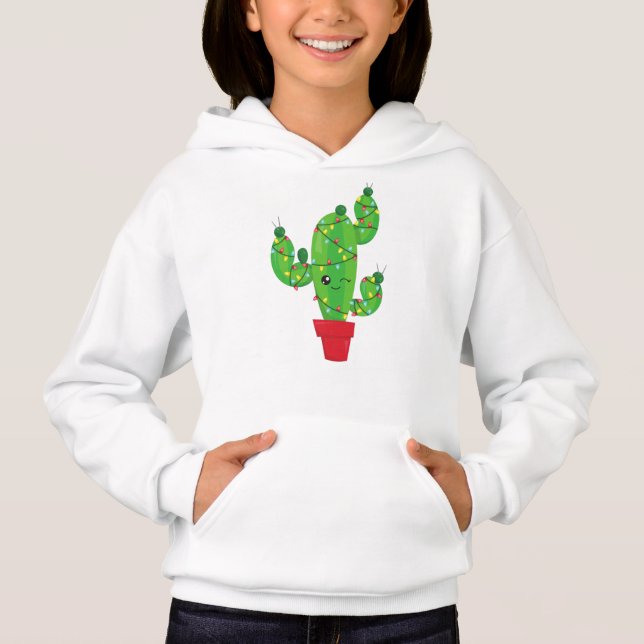 Christmas Cactus, Christmas Lights, Cute Cactus Hoodie (Front)
