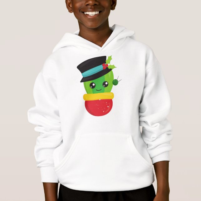 Christmas Cactus, Cute Cactus, Hat, Mistletoe Hoodie (Front)