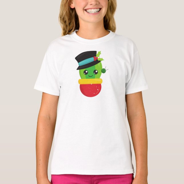 Christmas Cactus, Cute Cactus, Hat, Mistletoe T-Shirt (Front)