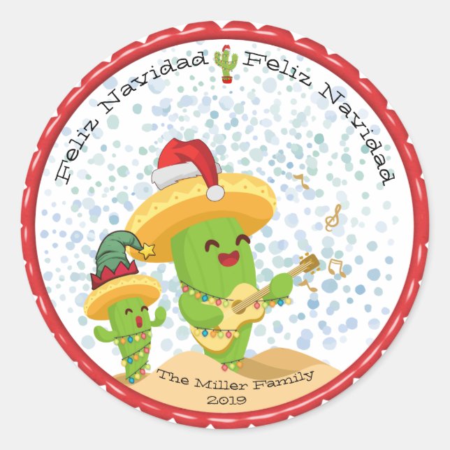 Christmas Cactus Feliz Navidad Classic Round Sticker (Front)