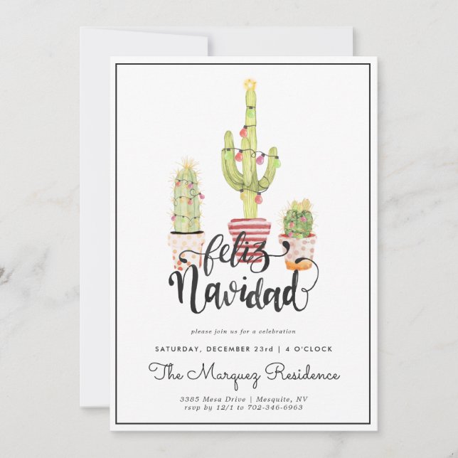 Christmas Cactus | Feliz Navidad Party Invitation (Front)