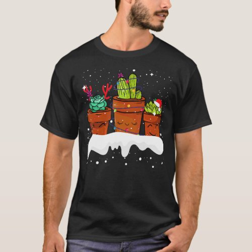 Christmas Cactus Lights Santa Hat Snow 5 T_Shirt