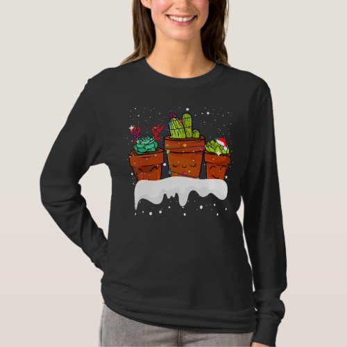 Christmas Cactus Lights Santa Hat Snow 5 T_Shirt