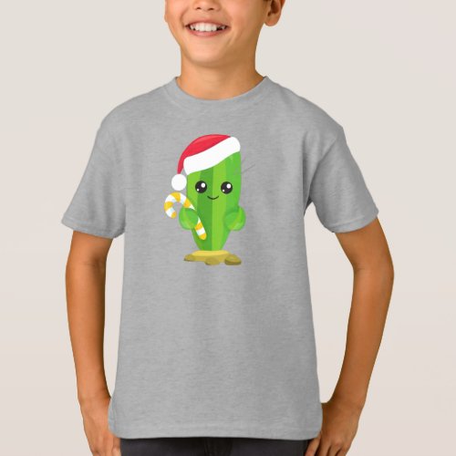 Christmas Cactus Santa Hat Candy Cane Kawaii T_Shirt