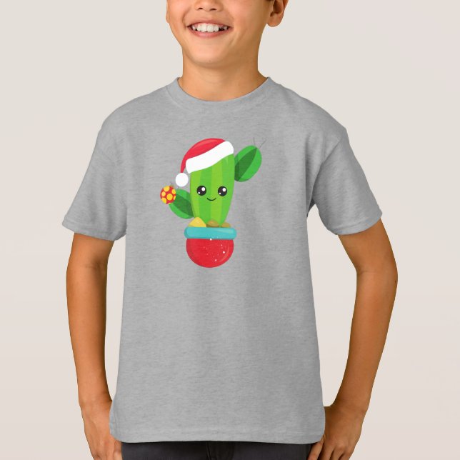 Christmas Cactus, Santa Hat, Christmas Ornaments T-Shirt (Front)