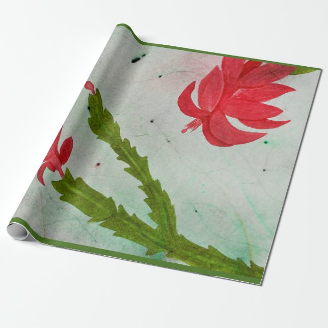Christmas Cactus watercolor Wrapping Paper (Unrolled)
