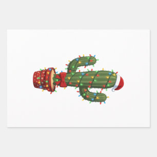 Christmas Cactus Wearing a Santa Hat Xmas Plant Wrapping Paper Sheets