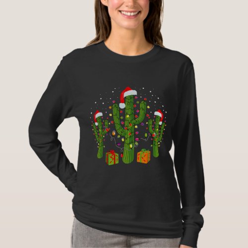 Christmas Cactus Wearing Santa Hats and Lights T_Shirt