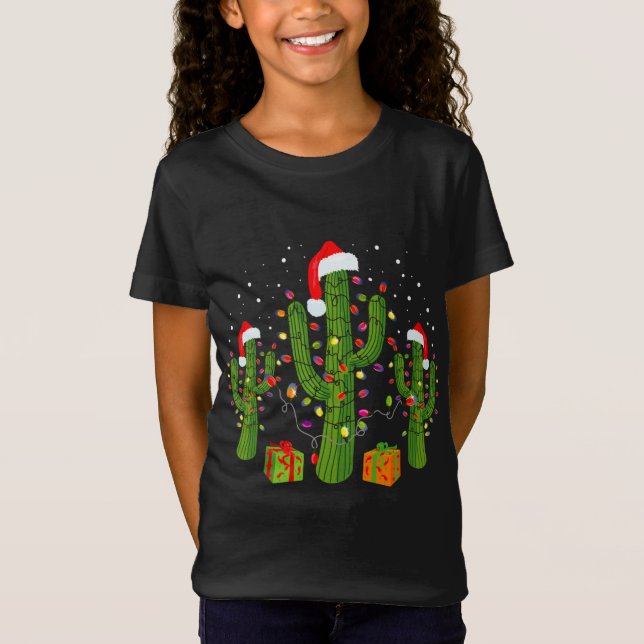 Christmas Cactus Wearing Santa Hats and Lights T-Shirt (Front)