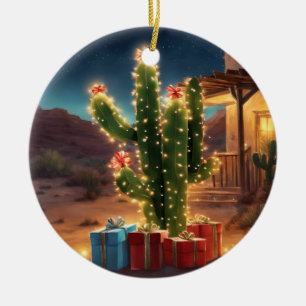 Christmas Cactus With Presents In Front Of A House Ceramic Ornament
