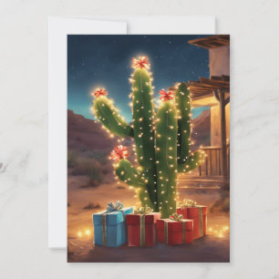 Christmas Cactus With Presents In Front Of A House Holiday Card