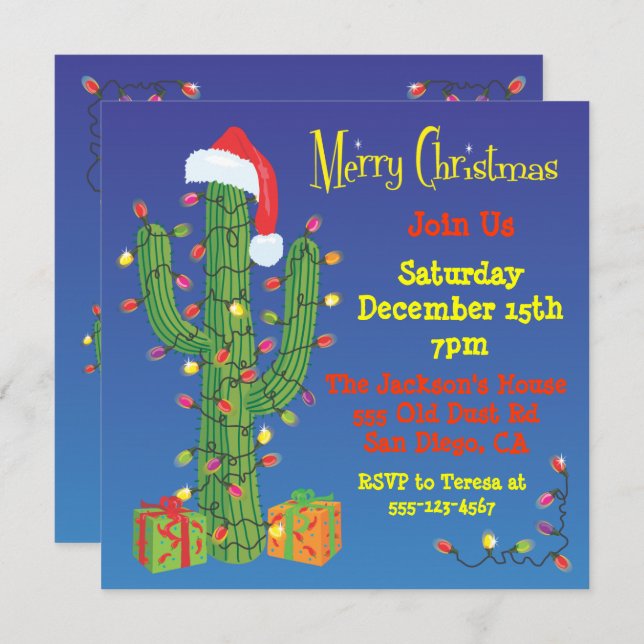 Christmas Cactus with Santa Hat Invitations (Front/Back)