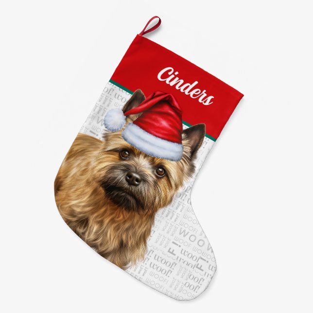 Christmas Cairn Dog with Name Woof Background Large Christmas Stocking (Front (Hanging))