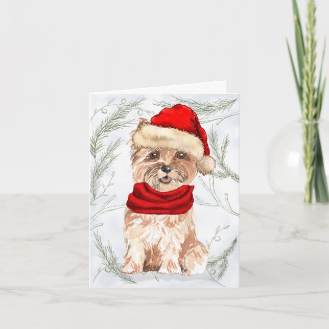 Christmas Cairn Terrier Dog and Botanical Pines Holiday Card (Front)