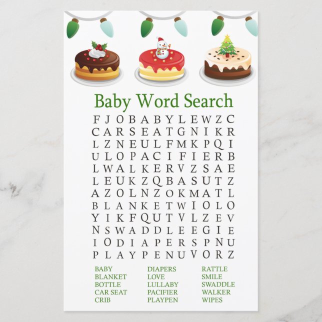 Christmas cake Baby Shower Word Search Game (Front)