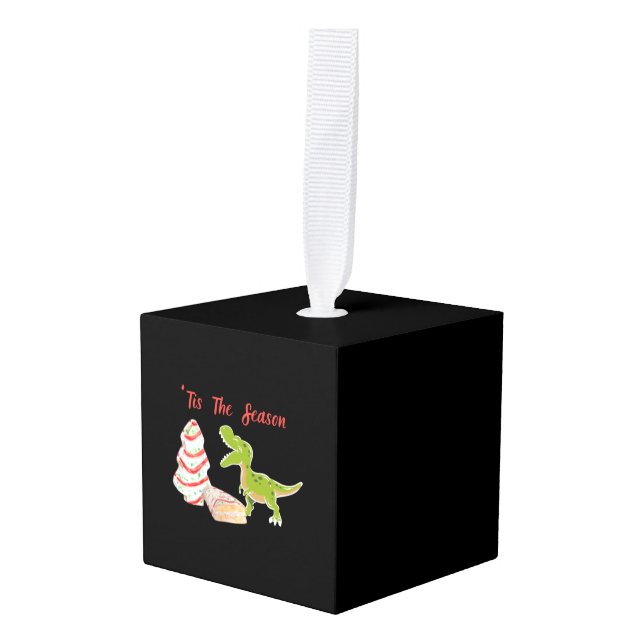 Christmas Cake With T Rex   Cube Ornament (Front Angled)