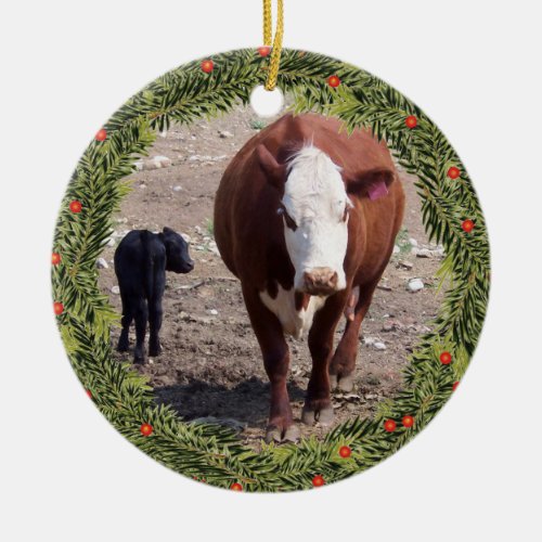 Christmas Calf and Mama Ceramic Ornament