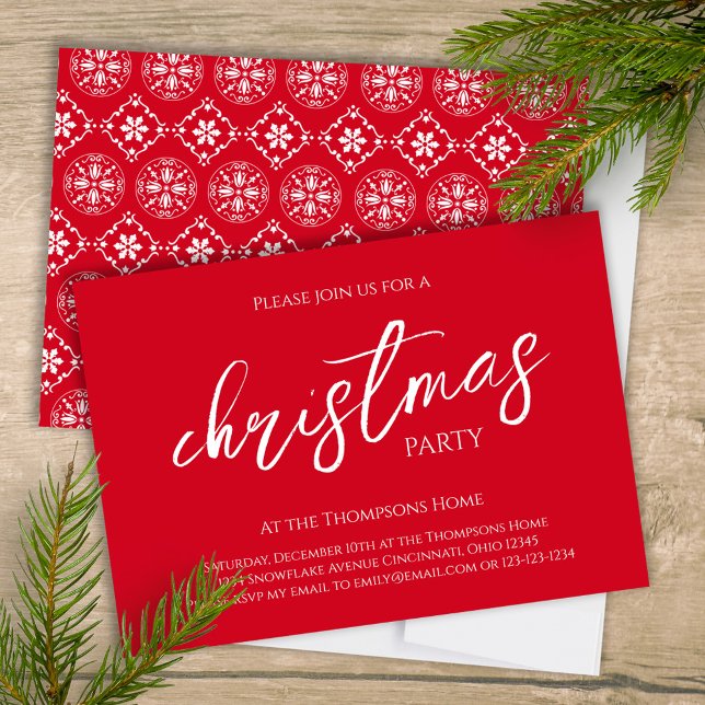 Christmas Calligraphy Script Red Snowflake Pattern Invitation (Christmas holiday party red and white snowflake pattern and stylish calligraphy invitation. )