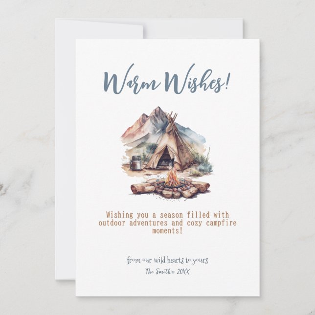 Christmas Camp Fire Mountain Outdoor Adventure Art Holiday Card (Front)