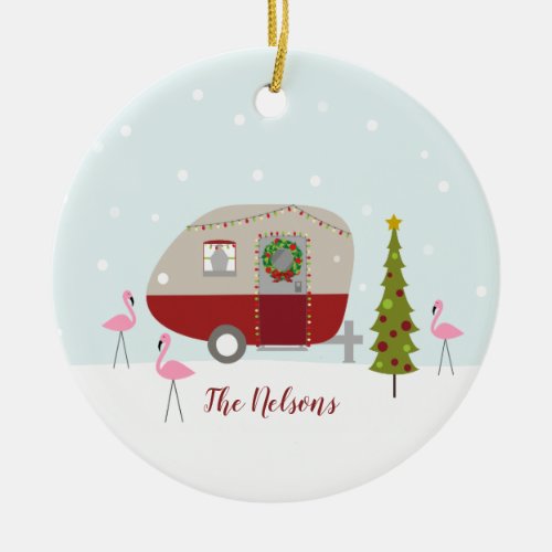 Christmas Camper Retro Trailer Flamingos Ceramic Ornament