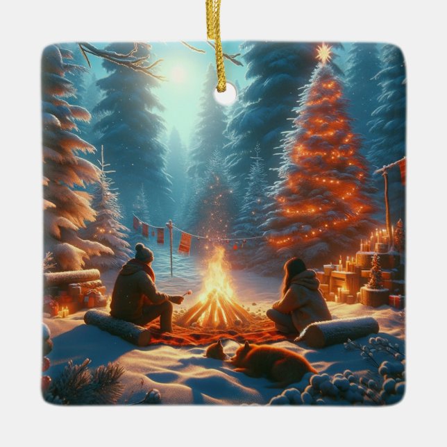 "Christmas Campfire: Cozy Winter Moments" Ceramic Ornament (Front)