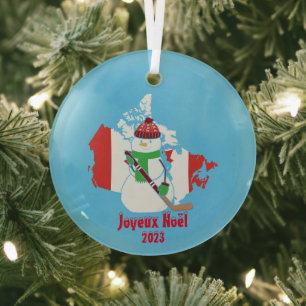 Christmas Canadian Flag Snowman Glass Ornament